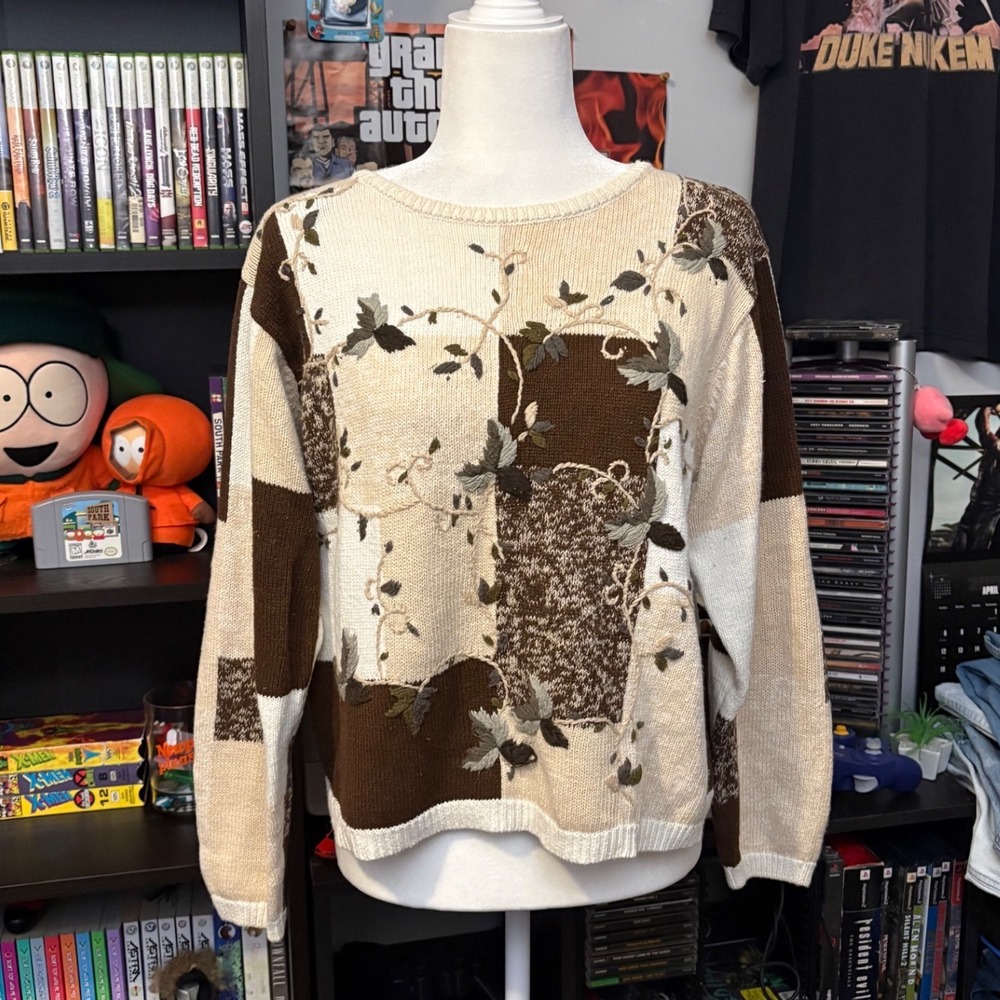 Vtg 90s/00s Dressbarn Floral Embroidered Patchwork Sweater Brown Tan Cream Large